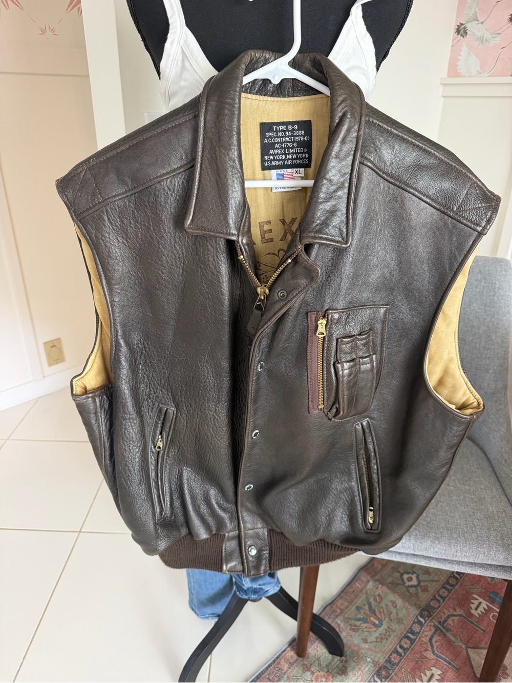 VINTAGE USA Men's AVIREX @ B-9 US ARMY FLIGHT BROWN LEATHER VEST Jacket XL